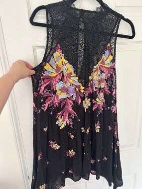 Free People Black Floral Lace Tank Top with Pink & Yellow Embroidery